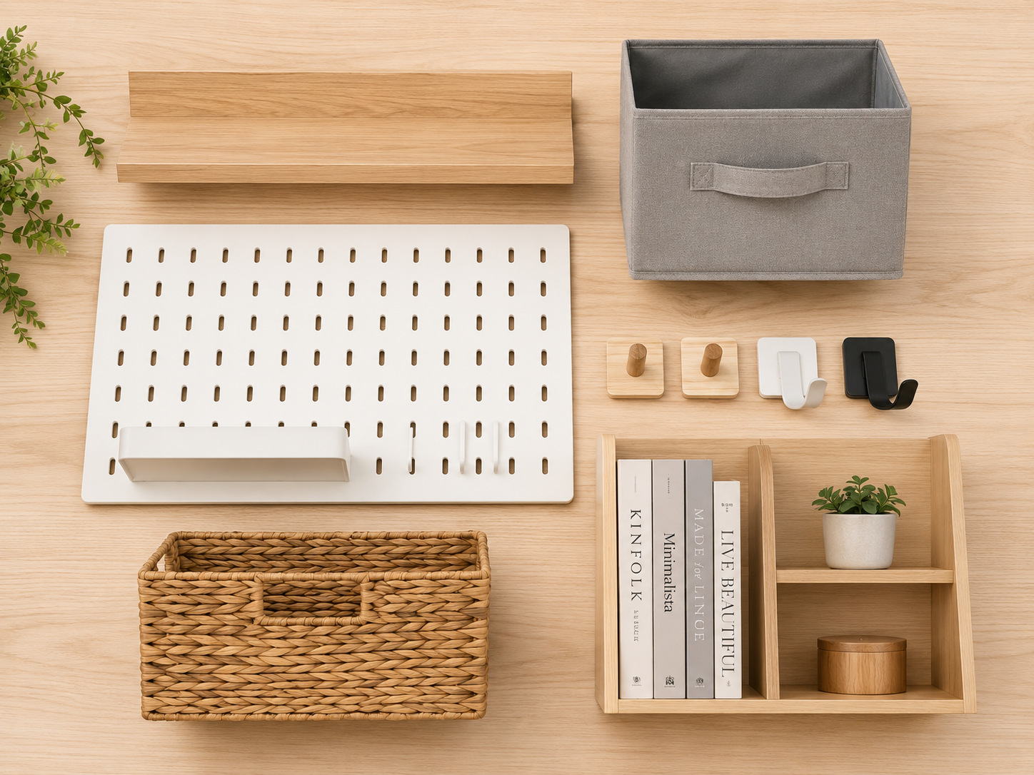 Những món đồ lưu trữ nên có cho phòng ngủ nhỏ gồm kệ treo hộp vải pegboard và giỏ mây